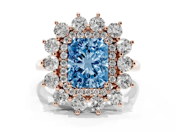 Fancy Blue Radiant Cut Diamond Floral Double Halo Engagement Ring with Prong Setting Rose gold