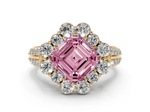 Fancy Pink Asscher Cut Halo Diamond Engagement Ring with Split Shank and Prong Setting Yellow gold