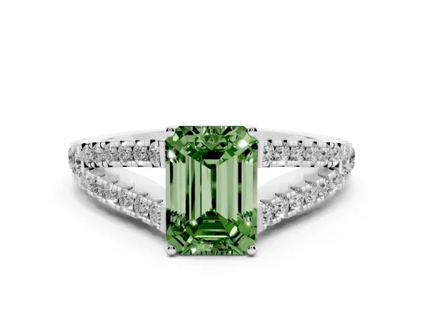 Fancy Green Emerald Cut Diamond Split Shank Engagement Ring with Round Pavé and Prong Setting White gold