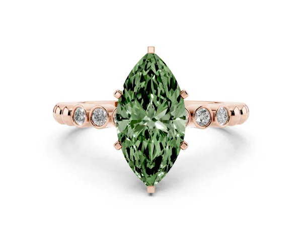 Fancy Green Marquise Cut Solitaire Bezel Accent Diamond Engagement Ring with Beaded Band and Four-Prong Setting Rose gold