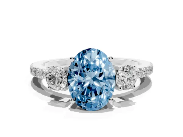 Fancy Blue Three-Stone Oval Cut Cut Diamond Pavé Band with Prong Setting Platinum