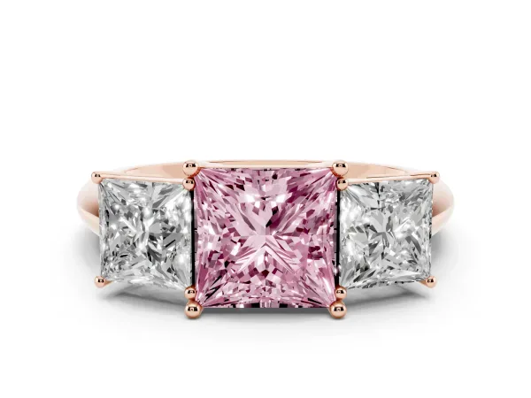 Fancy Pink Three-Stone Princess Cut Cut Diamond Engagement Ring with Prong Setting on a White Gold Band Rose gold