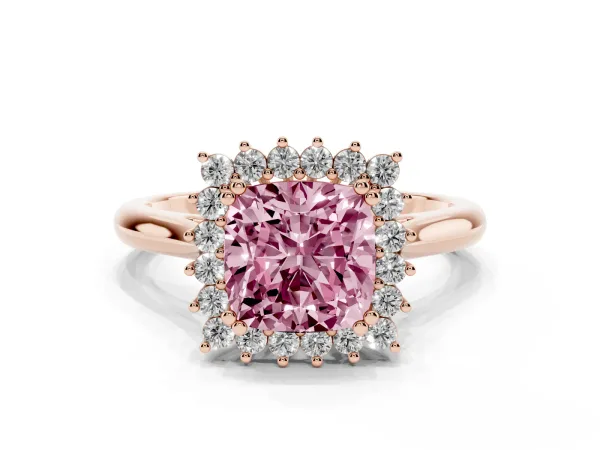 Fancy Pink Cushion Cut Cut Diamond Halo Ring with Solitaire Band and Prong Setting Rose gold