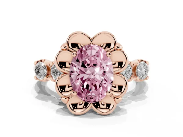 Fancy Pink Oval Cut Cut Diamond Floral Halo Engagement Ring with Shared Prong Setting Rose gold