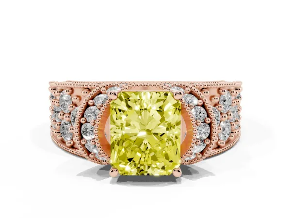 Fancy Yellow Radiant Cut Halo Pave Diamond Engagement Ring with Milgrain Detailing Rose gold