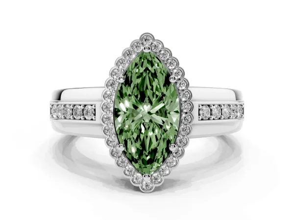 Fancy Green Marquise Cut Cut Halo Pave Band Four-Prong Ring White gold
