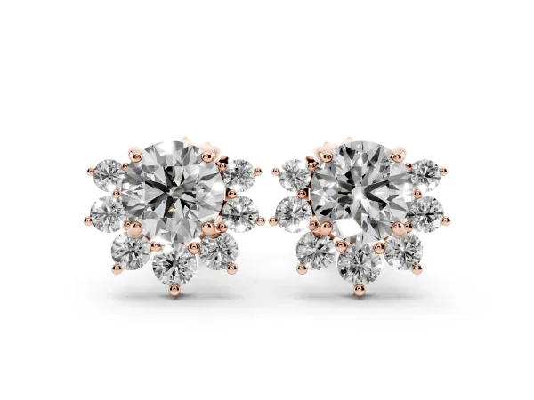 Cluster Round Diamond Stud Earrings with White Gold Band and Four-Prong Setting Rose gold