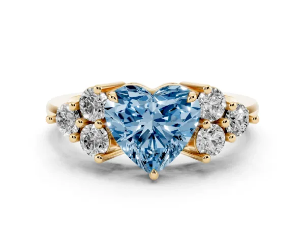Fancy Blue Heart Cut Brilliant Diamond Cluster Accent Solitaire Ring with Prong Setting Yellow gold