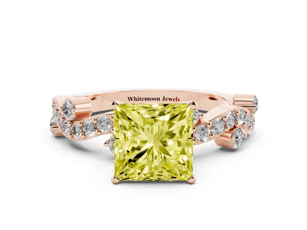 Fancy Yellow Princess Cut Cut Solitaire Diamond Twisted Band with Pave Setting Rose gold