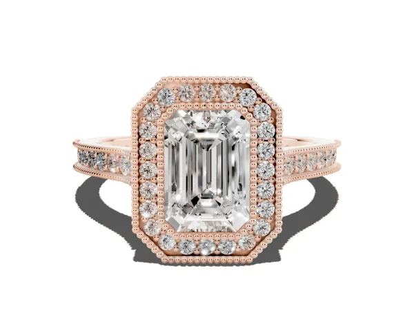 Halo Emerald Cut-Cut Diamond Pave Band Milgrain Prong Setting Ring Rose gold