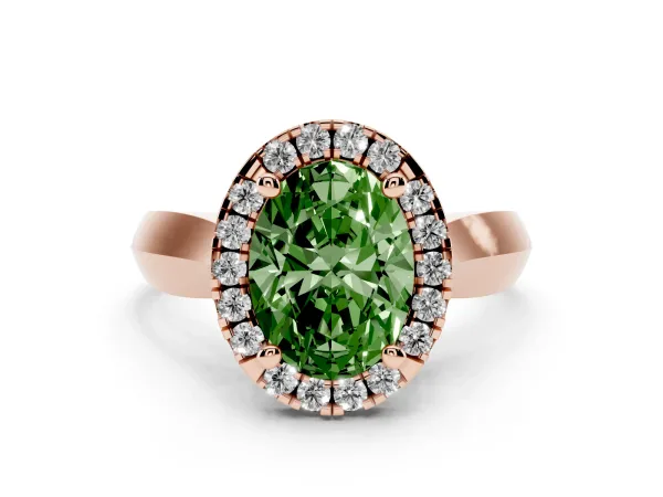 Fancy Green Oval Cut Cut Halo Solitaire Engagement Ring with Square Band and Four-Prong Setting Rose gold