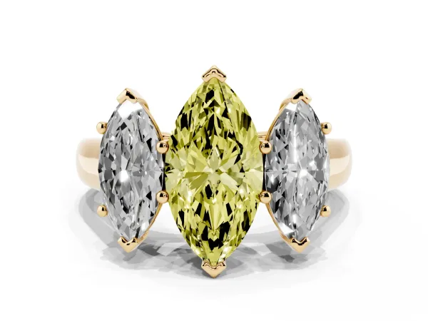 Fancy Yellow Marquise Cut Three-Stone Diamond Ring with Prong Setting on a Classic Band Yellow gold
