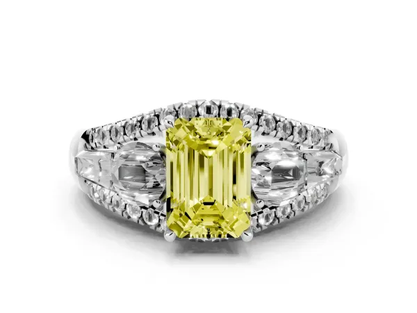 Fancy Yellow Three-Stone Emerald Cut Diamond Engagement Ring with Pave Band and Prong Setting White gold