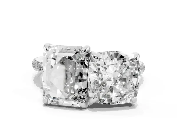 Cushion and Emerald Toi Moi Ring with Prong Setting and Micro Pave Band White gold
