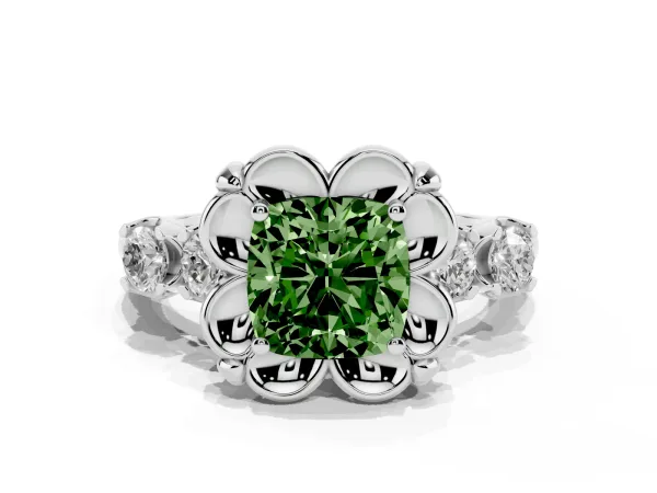 Fancy Green Cushion Cut Cut Diamond Floral Halo Engagement Ring with Shared Prong Setting White gold