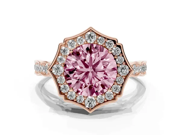 Fancy Pink Round Cut Halo Diamond Engagement Ring with Milgrain Band and Four-Prong Setting Rose gold