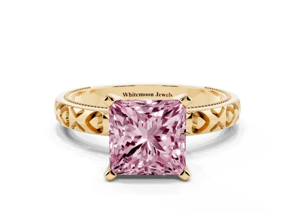 Fancy Pink Princess Cut Solitaire Diamond Engagement Ring with XO Engraved Band and Four-Prong Setting Yellow gold