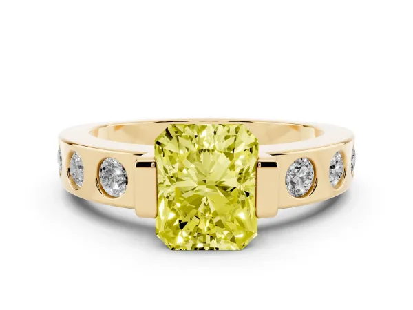Fancy Yellow Radiant Cut Brilliant Channel-Set Diamond Ring with Bezel Prong Setting Yellow gold