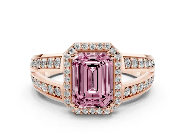 Fancy Pink Emerald Cut Diamond Halo Ring with Split Shank Pavé Band and Four-Prong Setting Rose gold