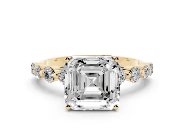 Asscher Cut Solitaire Diamond Ring with Pave Band and Four-Prong Setting Yellow gold