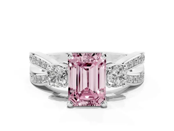 Fancy Pink Three-Stone Emerald Cut Cut Diamond Twist Band with Prong Setting White gold