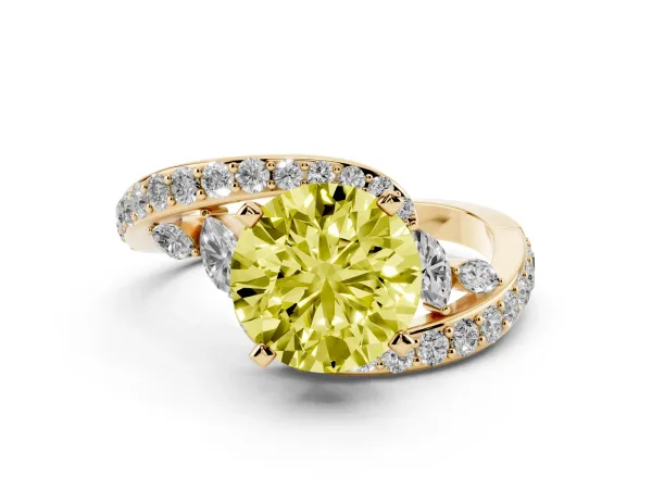 Fancy Yellow Round Cut Solitaire with Pavé Twist Band and Four-Prong Setting Yellow gold
