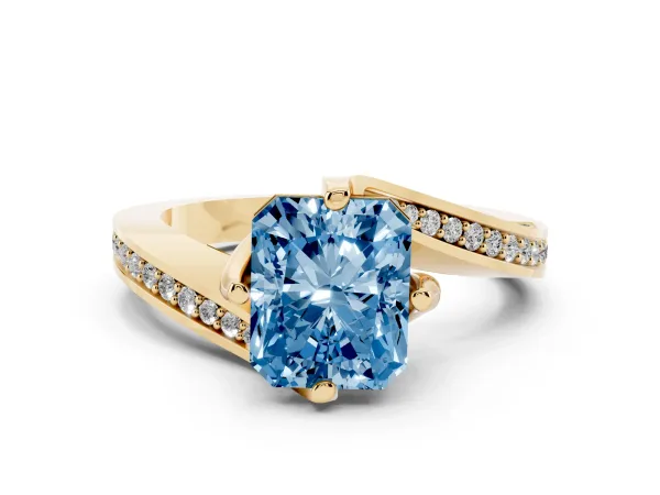 Fancy Blue Radiant Cut Solitaire Diamond Twist Band with Pavé Setting and Four-Prong Setting Yellow gold