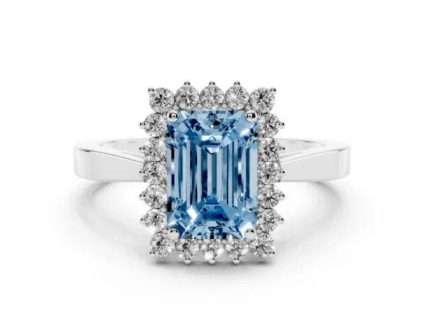 Fancy Blue Emerald Cut Cut Diamond Halo Ring with Round Brilliant Halo and Solitaire Band White gold