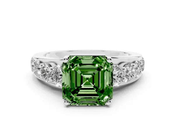 Fancy Green Asscher Cut Diamond Engagement Ring with Pavé Band and Four-Prong Setting Platinum