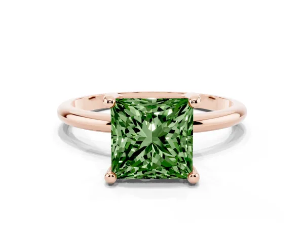 Fancy Green Princess Cut Solitaire Diamond Ring with 4-Prong Setting on a Classic Band Rose gold
