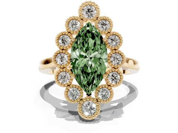 Fancy Green Marquise Cut Halo Diamond Cluster Engagement Ring with Milgrain Bezel Setting and Solitaire Band Yellow gold