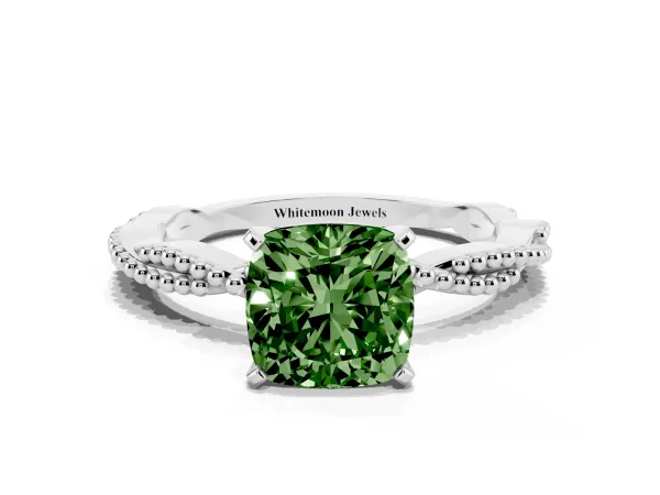 Fancy Green Cushion Cut Solitaire Twisted Band with Bead Prong Setting Platinum