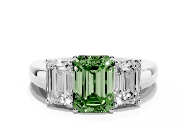 Fancy Green Emerald Cut Diamond Three-Stone Ring with Four-Prong Setting and Classic Band Platinum