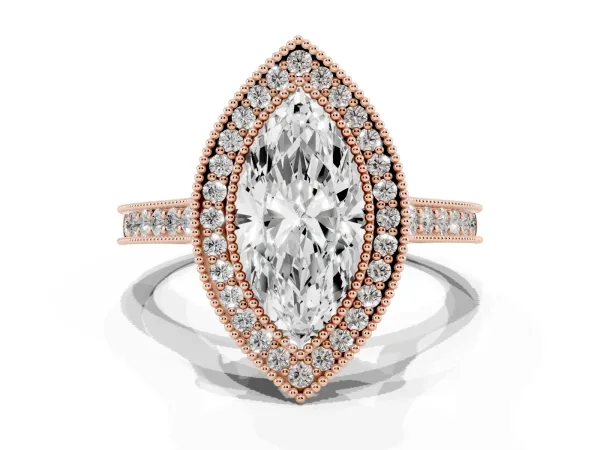 Halo Marquise Cut-Cut Diamond Pave Band Milgrain Prong Setting Ring Rose gold