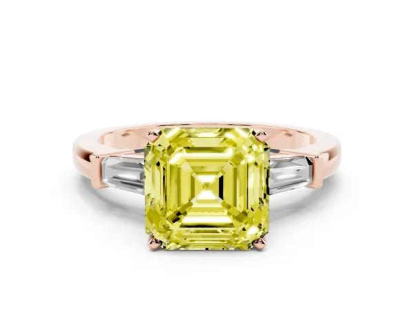 Fancy Yellow Asscher Cut Cut Diamond Solitaire Ring with Tapered Baguette Accents and Four-Prong Setting Rose gold