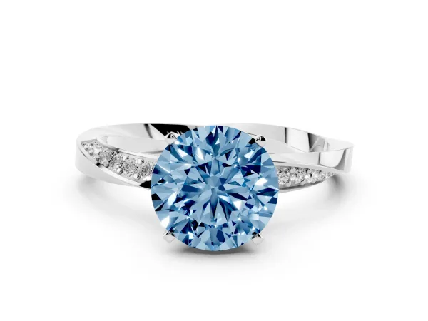 Fancy Blue Round Cut Diamond Engagement Ring with Side Stone Accents and Four-Prong Setting Platinum