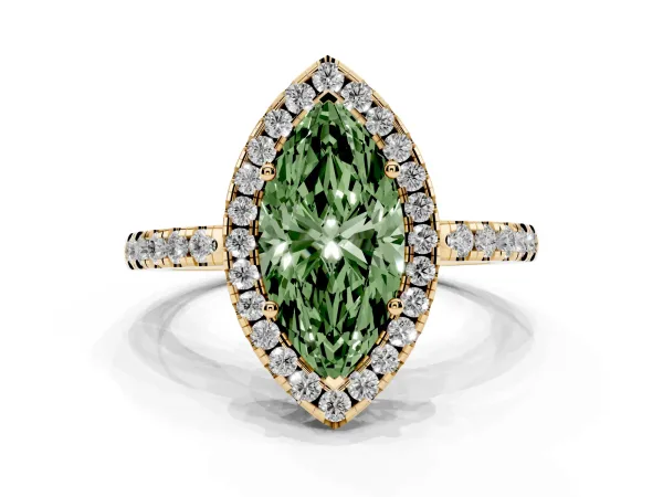 Fancy Green Marquise Cut Halo Diamond Engagement Ring with Pavé Band and Four-Prong Setting Yellow gold