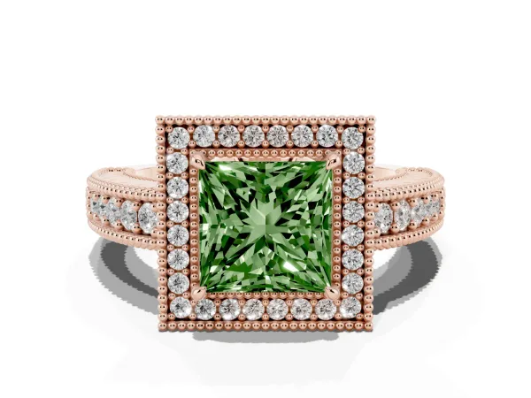 Fancy Green Princess Cut Cut Halo Diamond Ring with Pavé Band and Four-Prong Setting Rose gold