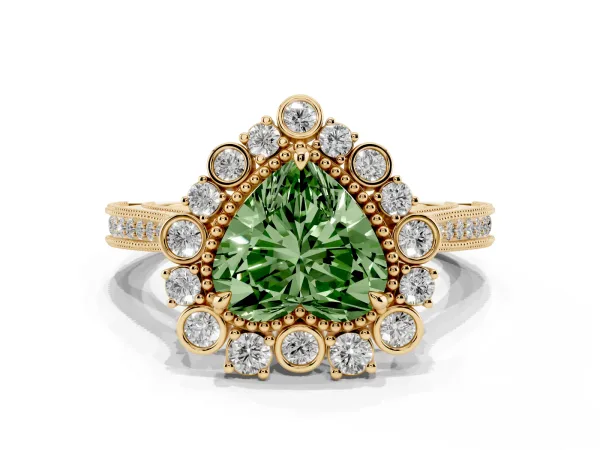 Fancy Green Heart Cut Halo Milgrain Pave Diamond Ring with Four-Prong Setting Yellow gold
