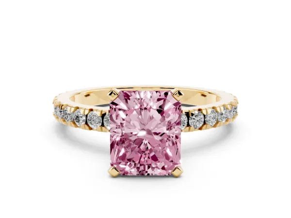 Fancy Pink Radiant Cut Diamond Pavé Band Solitaire with Four-Prong Setting Yellow gold
