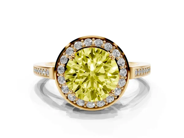 Fancy Yellow Round Cut Diamond Halo Ring with Split Shank and Four-Prong Setting Yellow gold