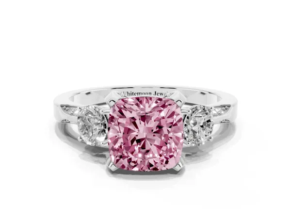 Fancy Pink Cushion Cut Brilliant Three-Stone Diamond Ring with Pavé Band and Four-Prong Setting White gold