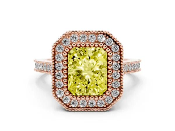 Fancy Yellow Radiant Cut Diamond Halo Ring with Milgrain Frame and Pavé Band Rose gold