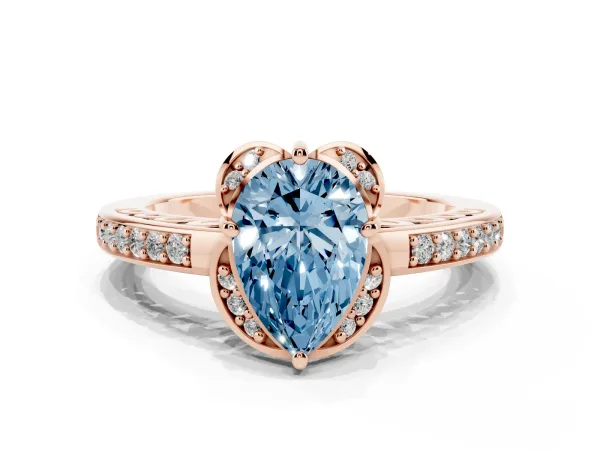 Fancy Blue Pear Cut Cut Halo Diamond Ring with Channel Set Band and Four-Prong Setting Rose gold
