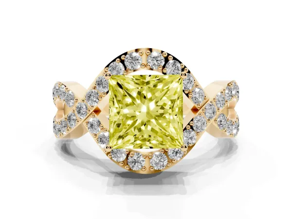 Fancy Yellow Princess Cut Solitaire Twist Band Pavé Diamond Engagement Ring Yellow gold