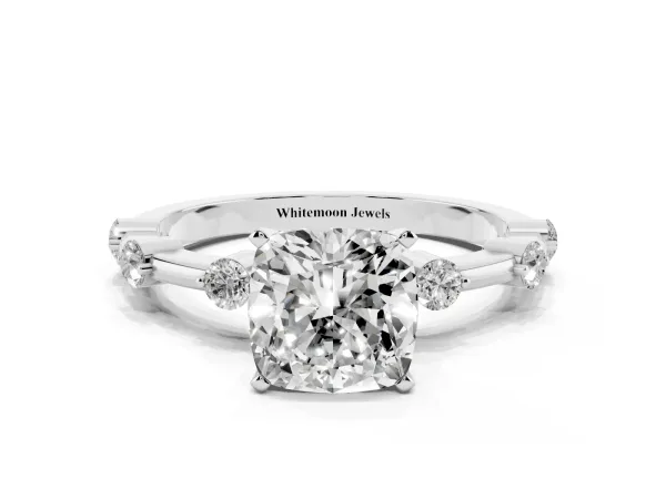 Cushion Cut Solitaire Diamond Ring with Bezel Set Side Stones and Prong Setting White gold