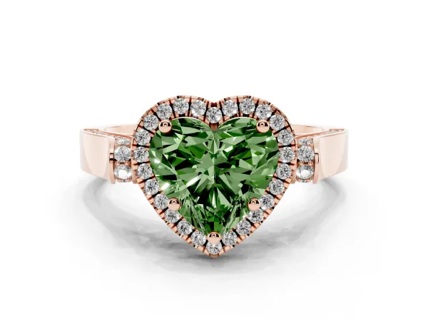 Fancy Green Heart Cut Halo Round Diamond Twist Band with Four-Prong Setting Rose gold