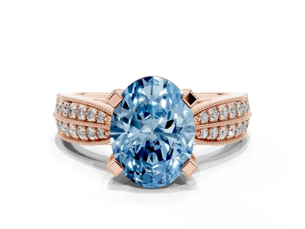 Fancy Blue Oval Cut Diamond Solitaire Ring with Milgrain Round Pavé Band and Prong Setting Rose gold
