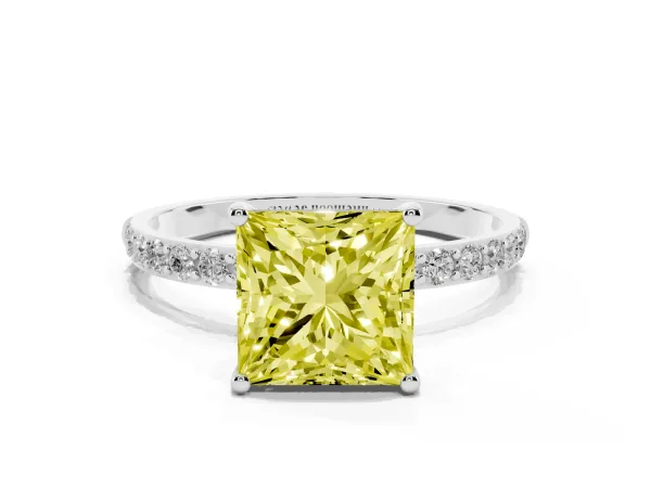 Fancy Yellow Princess Cut Diamond Solitaire Ring with Round Pavé Shoulders and Prong Setting Platinum