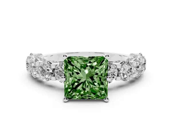 Fancy Green Princess Cut Diamond Side Stone Engagement Ring with Four-Prong Setting Platinum